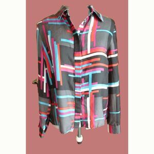 Carlisle Luxury Silk Fabric Shirt Blouse Black Blue Red Asymmetric Stripe 10 M-L